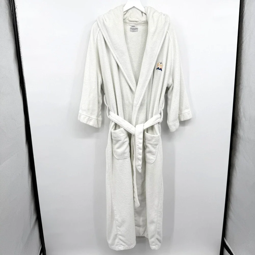Vintage Christian Dior Monsieur Robe OS Terry Cloth Hooded Quiet Luxury Logo Spa